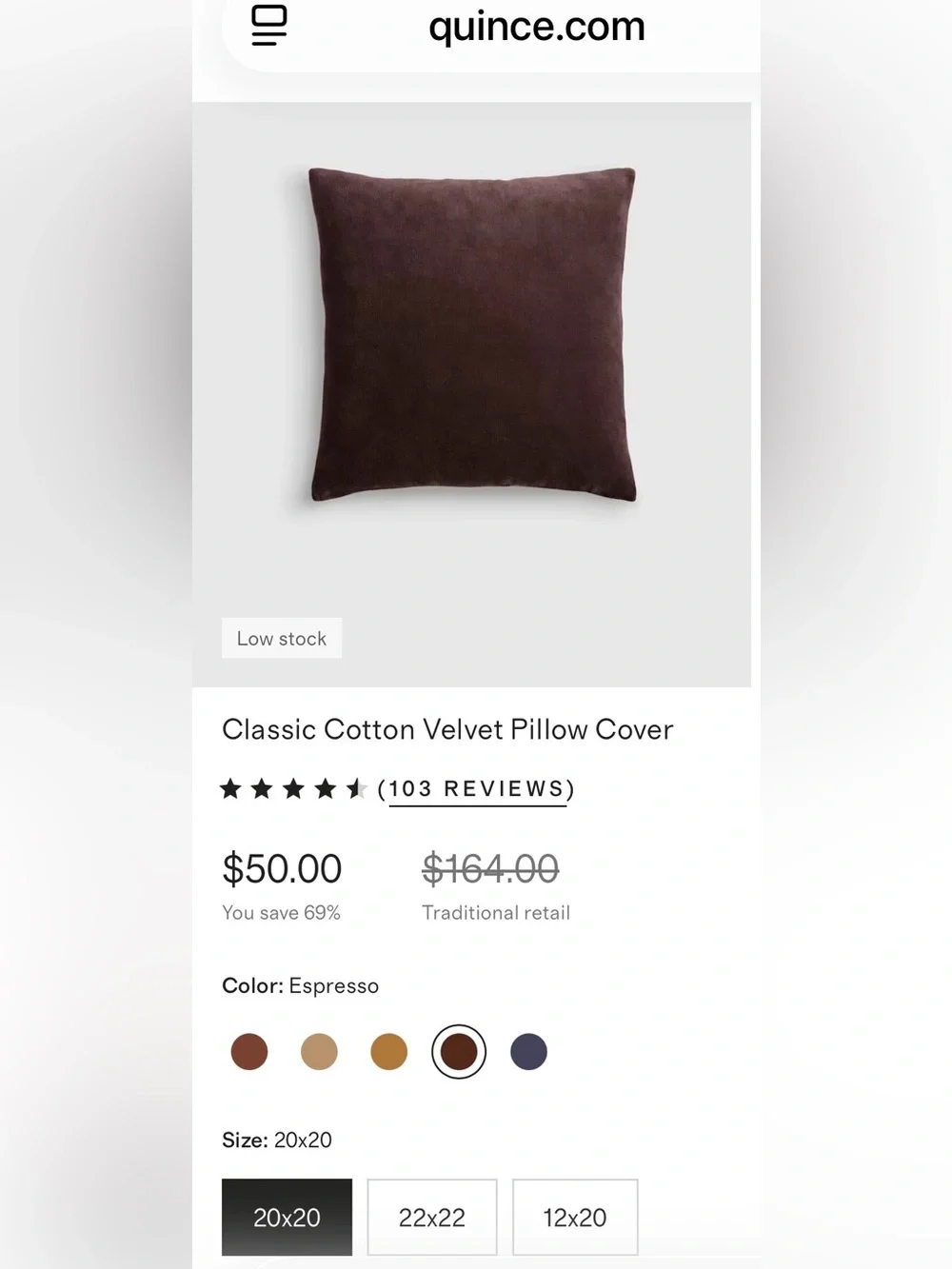 NWOT Quince Classic Cotton Velvet Pillow Cover, 20 X 20 (Espresso)
